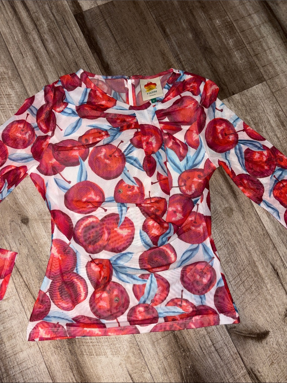 FARM Rio Red Cherry & Blue Leaf Long-Sleeve Mesh Top